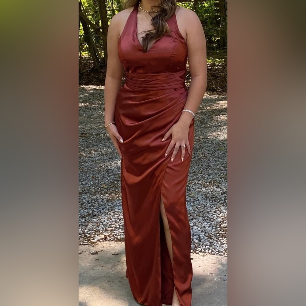 Galina Signature Cinnamon Rust Brown Formal Dress Train Prom Size 10 - Picture 2 of 14
